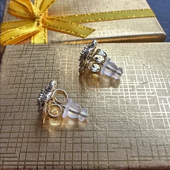 Gold Plated Clover Shaped Earrings with Pavé Clear Stones - Picture 3 of 4